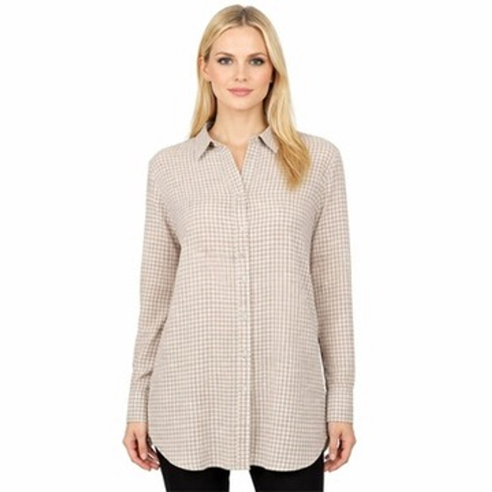 J. Jill Taupe Gingham Button Tunic Shirt Crinkle Side Slits Casual Chic Size XL